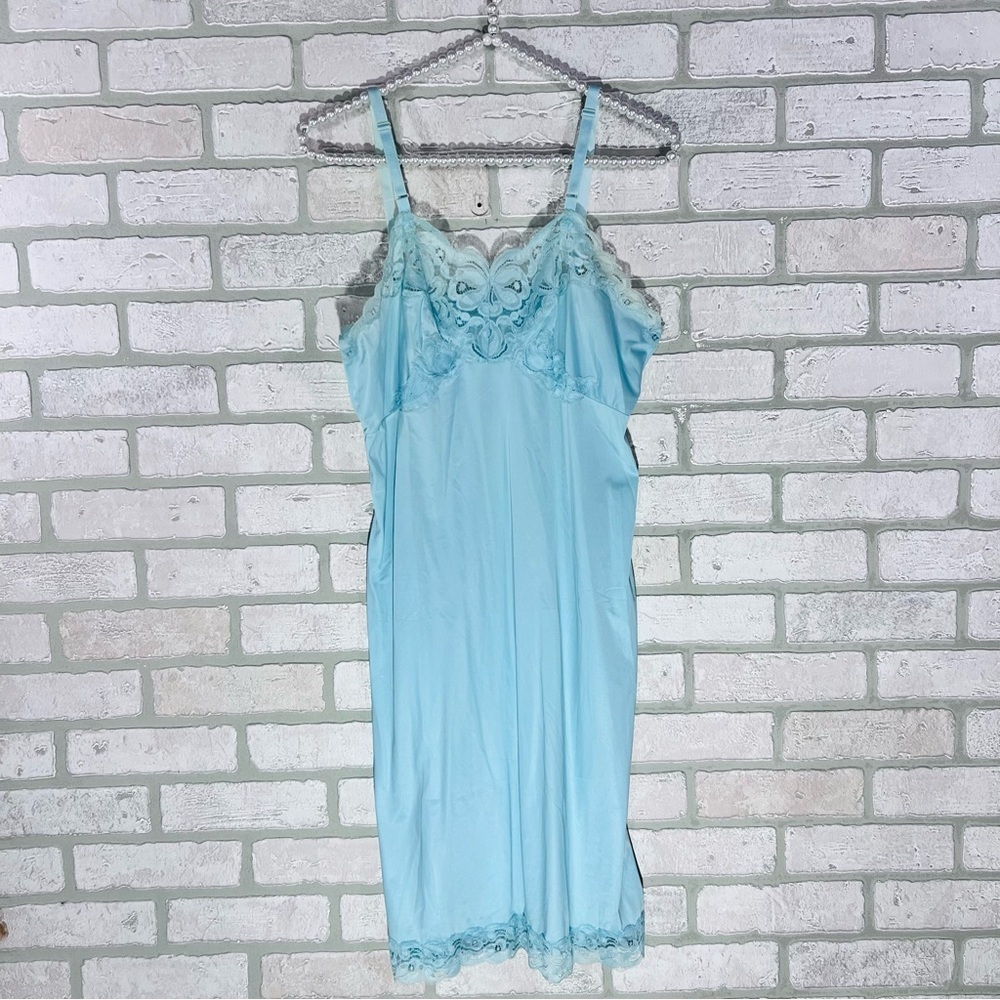 Vtg Heiress 1950s 1960s Turquoise Nylon Lace Trim Slip Dress Size 34 - Picture 4 of 16